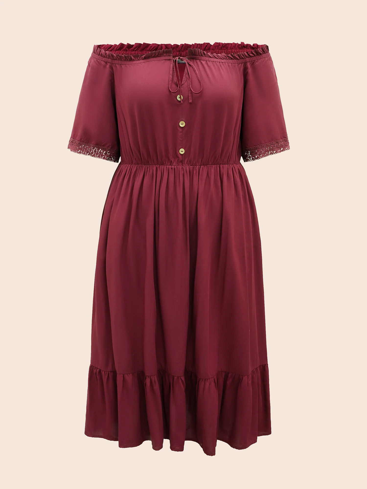 Plain Off Shoulder Lace Trim Ruffle Hem Dress - Image 7