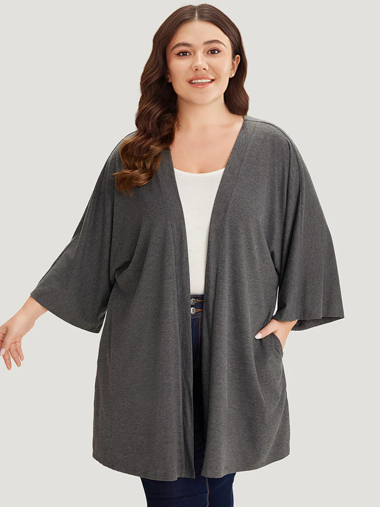 Supersoft Essentials Plain Open Front Pocket Batwing Sleeve Kimono - Image 2