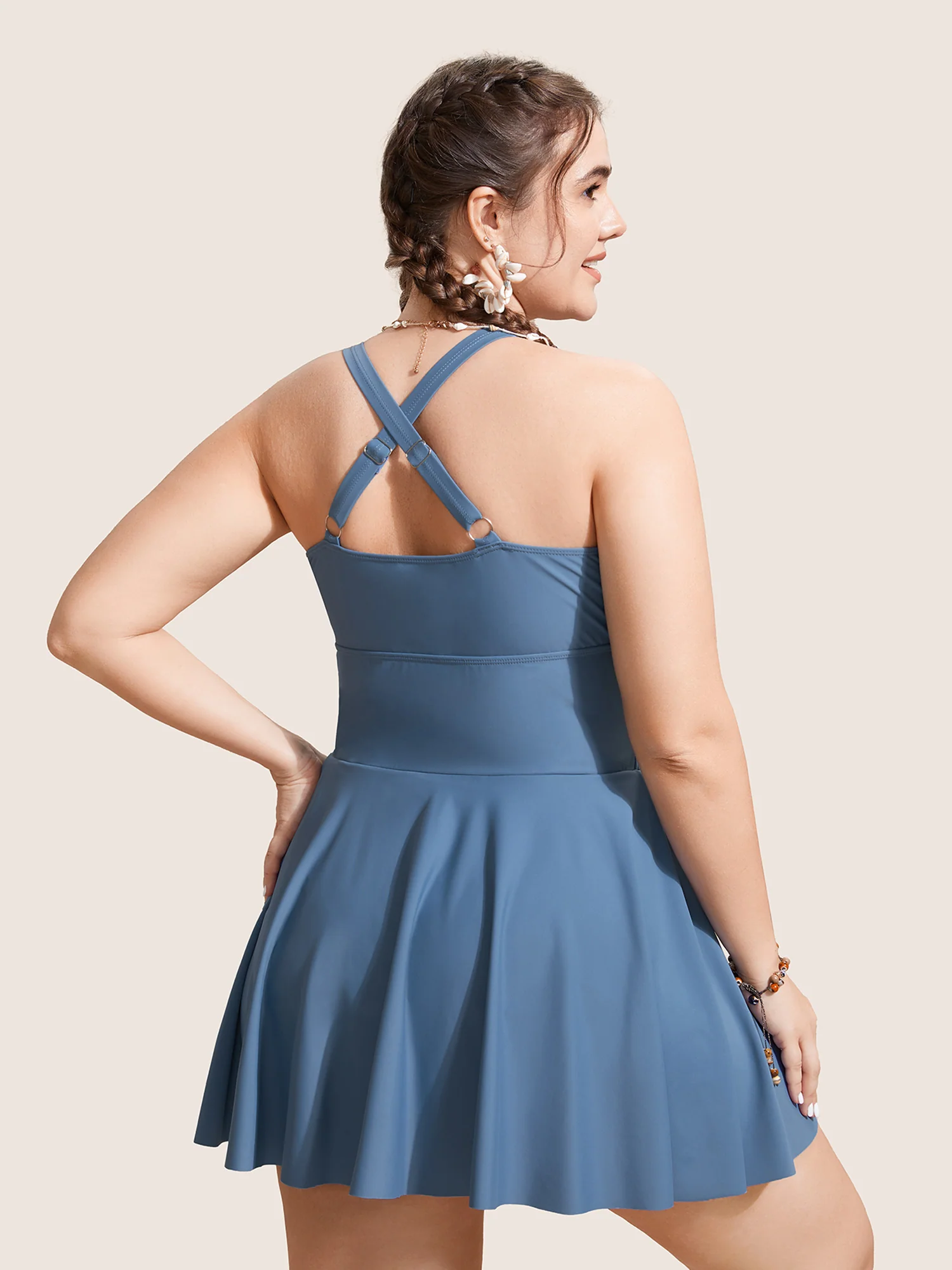 Plain Overlap Collar Ruched Swim Dress - Image 2