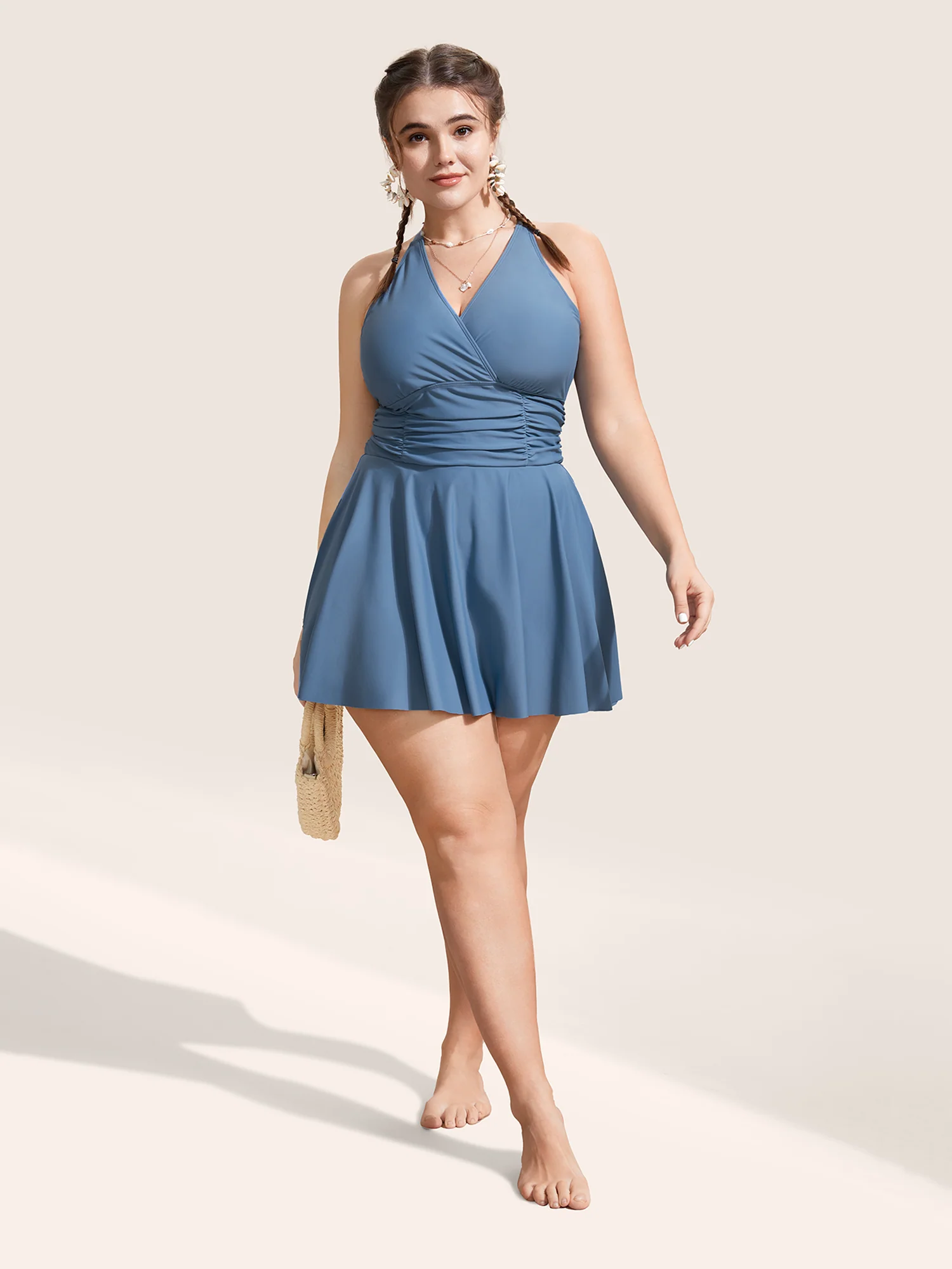 Plain Overlap Collar Ruched Swim Dress - Image 4