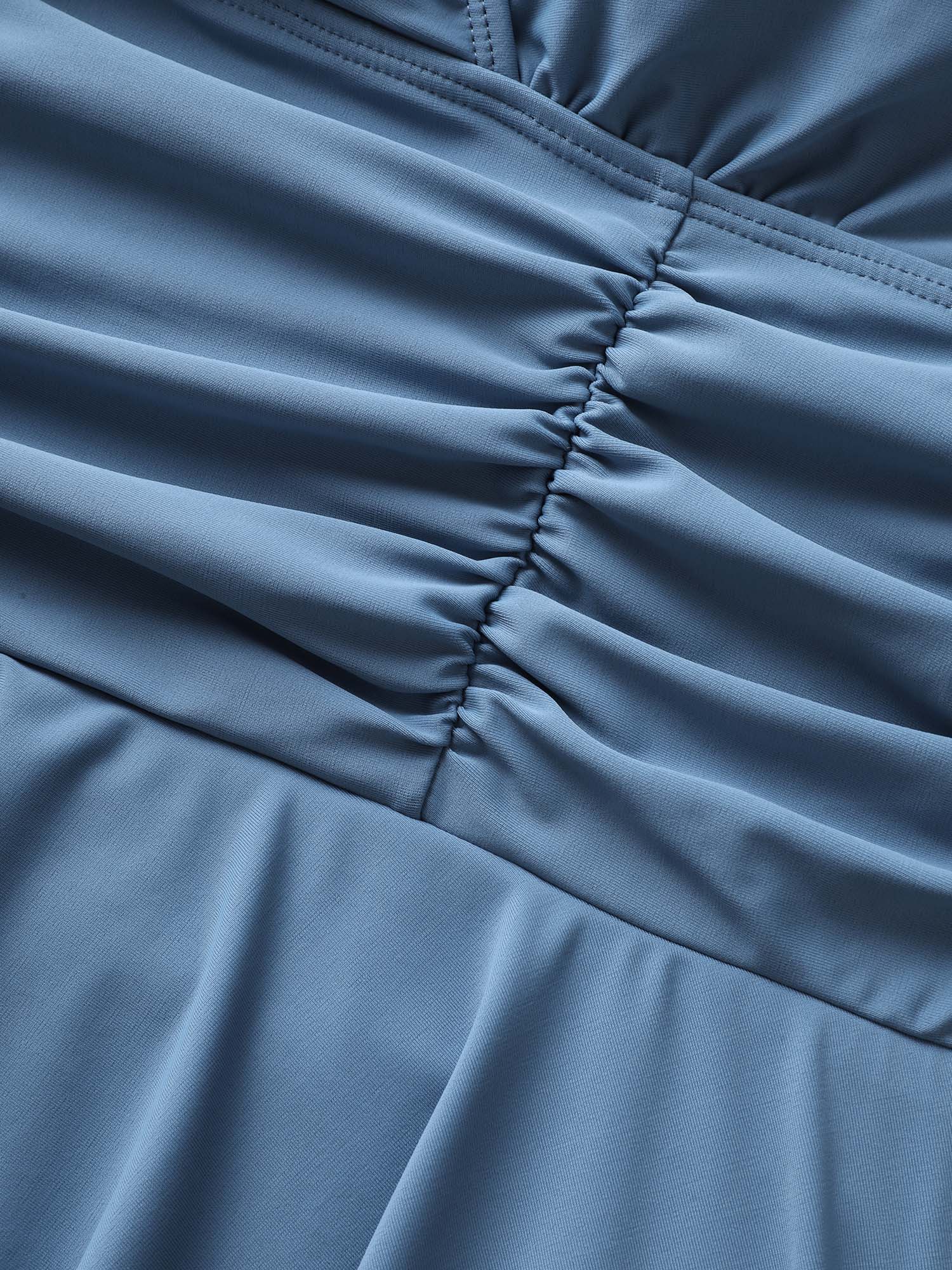 Plain Overlap Collar Ruched Swim Dress - Image 5