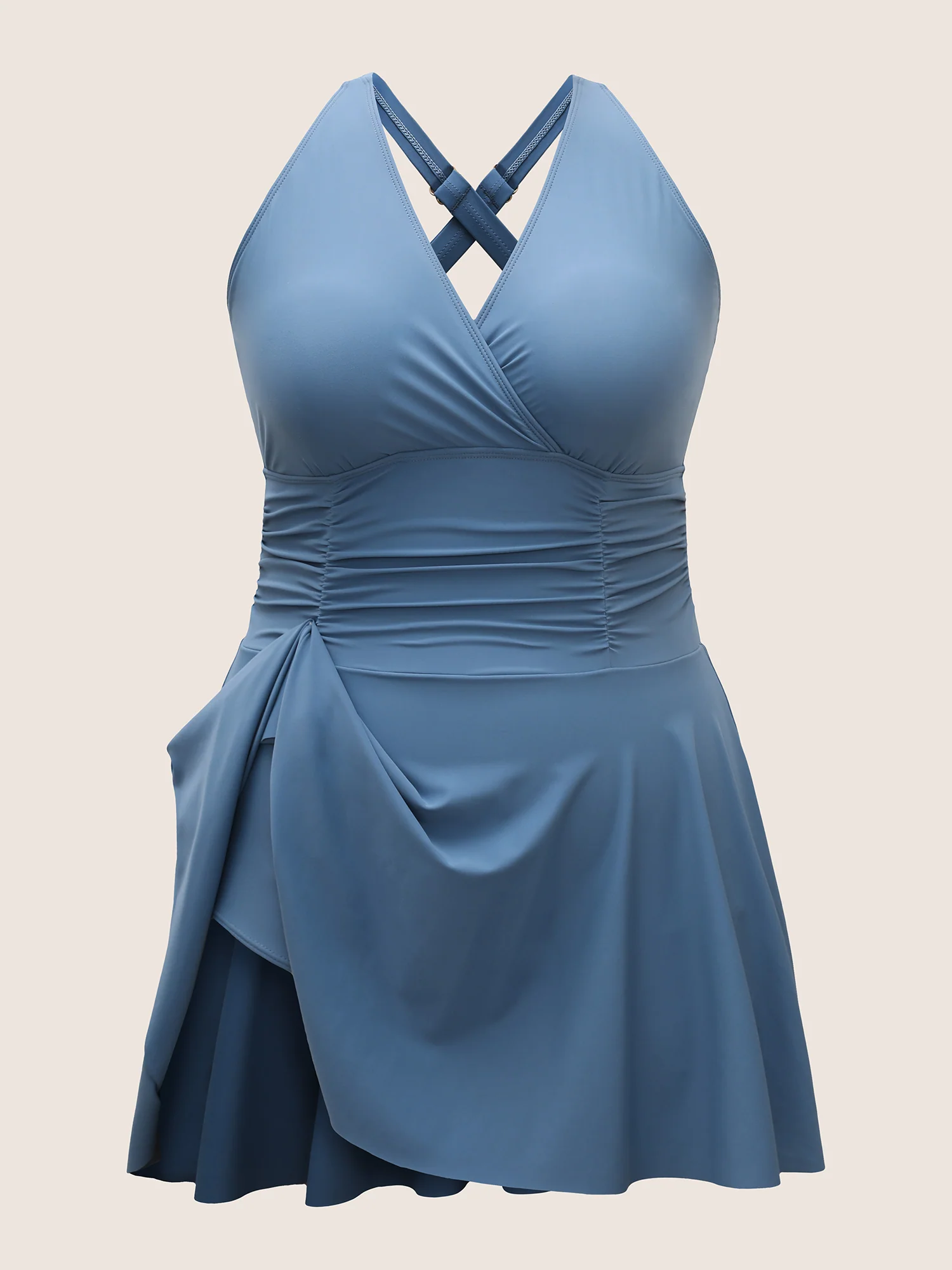 Plain Overlap Collar Ruched Swim Dress - Image 7