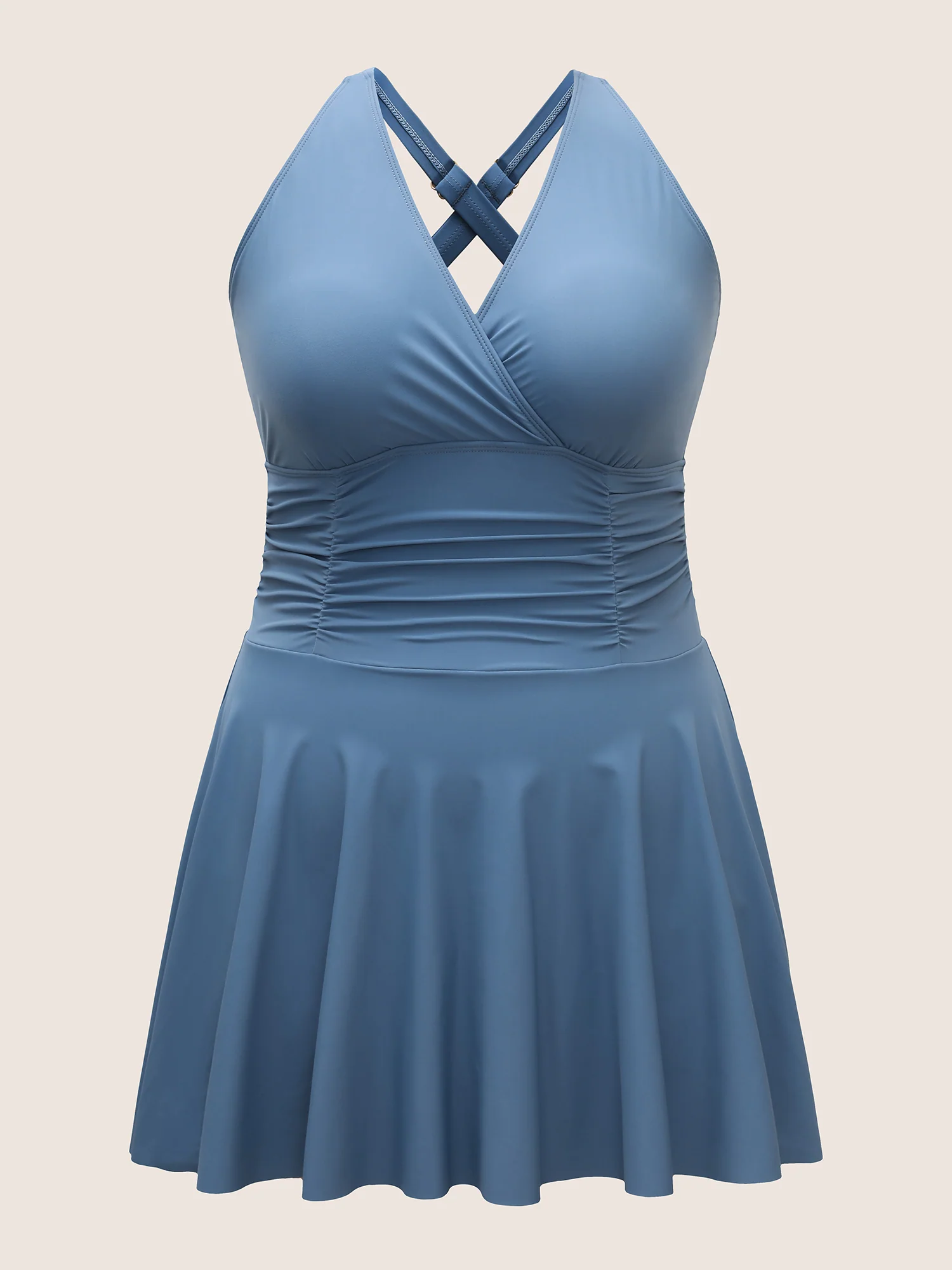 Plain Overlap Collar Ruched Swim Dress - Image 8
