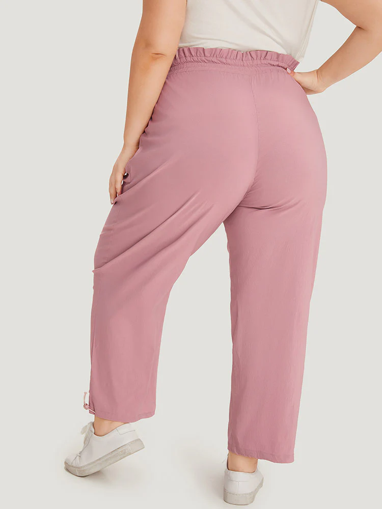 Plain Paperbag Waist Drawstring Hem Slant Pocket Pants - Image 2