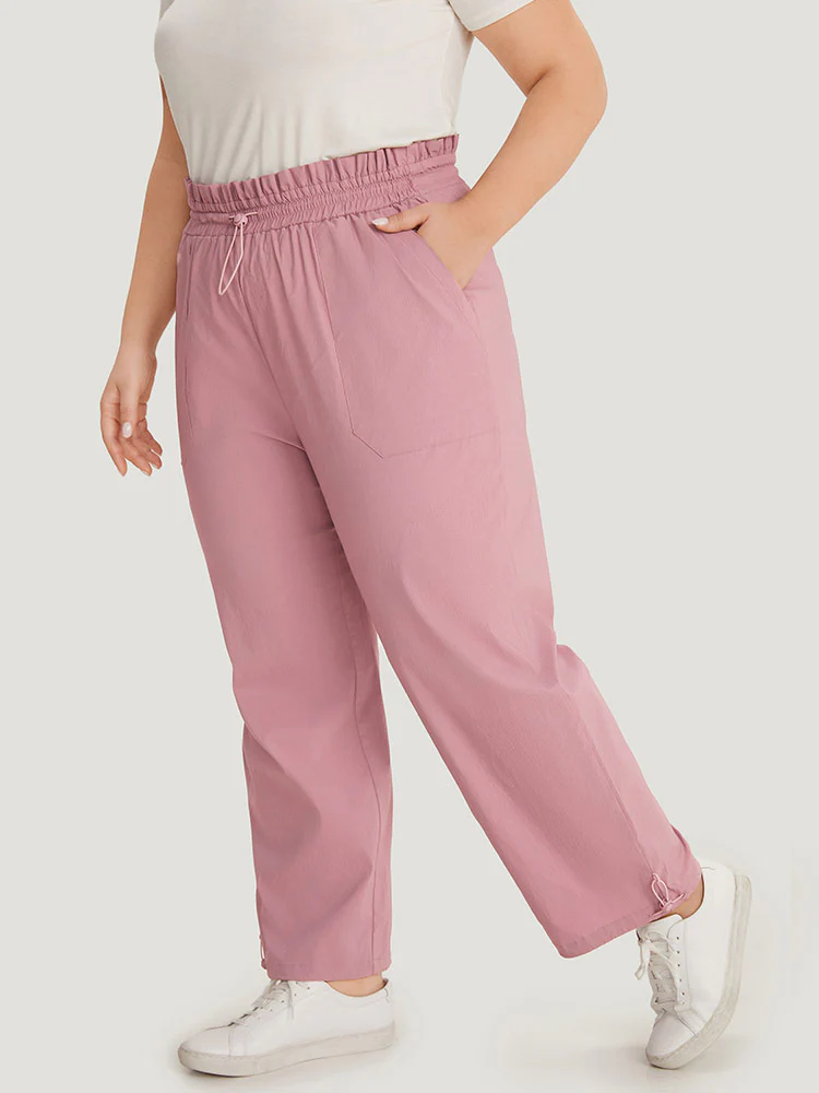 Plain Paperbag Waist Drawstring Hem Slant Pocket Pants - Image 3