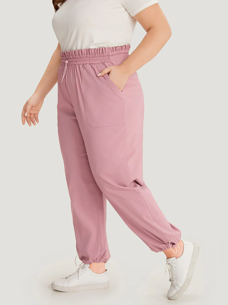 Plain Paperbag Waist Drawstring Hem Slant Pocket Pants - Image 4
