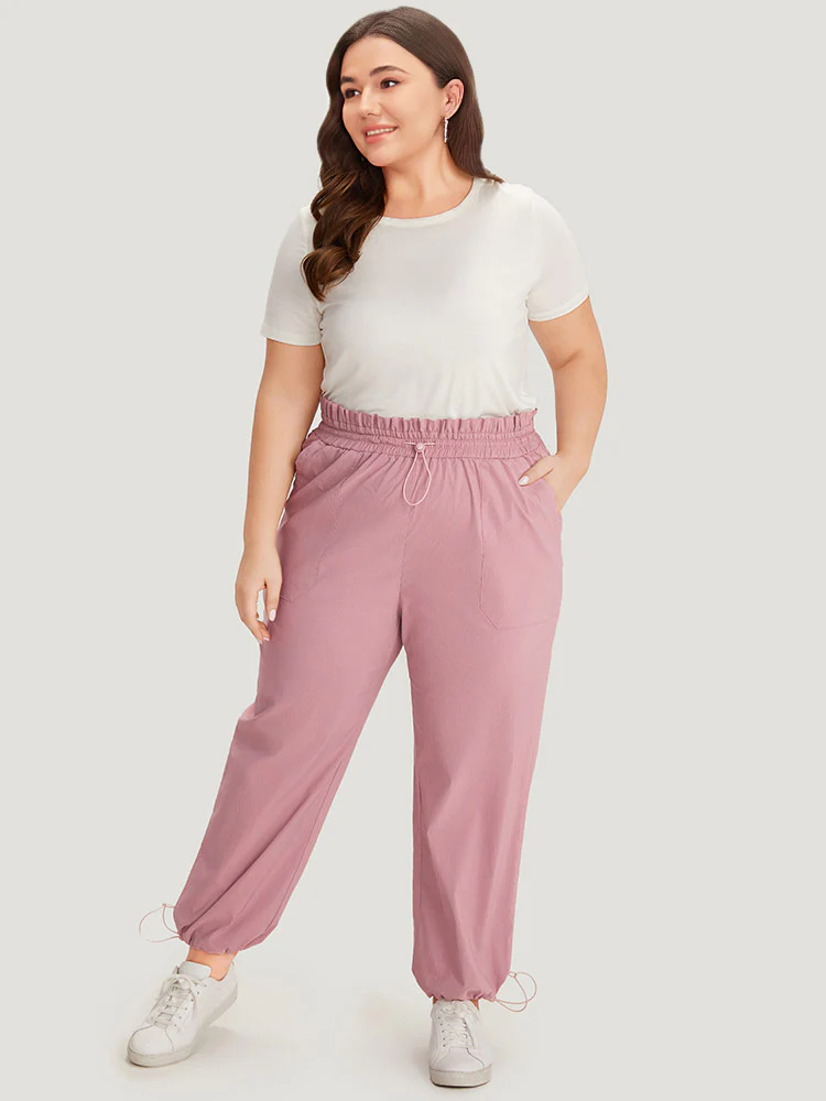 Plain Paperbag Waist Drawstring Hem Slant Pocket Pants - Image 5
