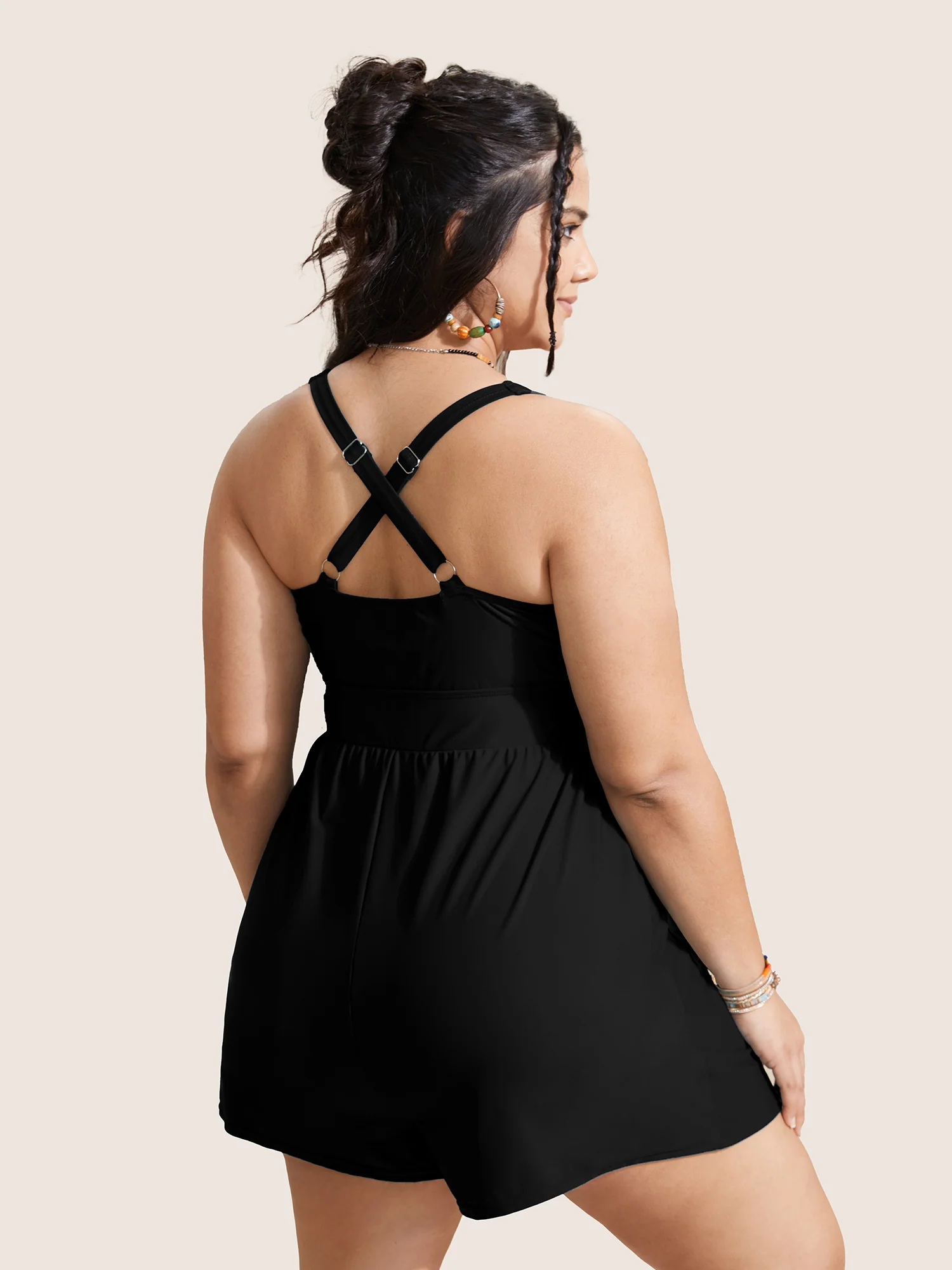 Plain Patched Pocket Drawstring One Piece Swimsuit - Image 2