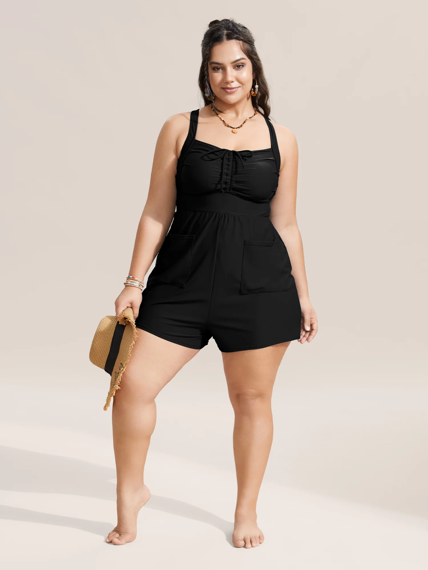 Plain Patched Pocket Drawstring One Piece Swimsuit - Image 3
