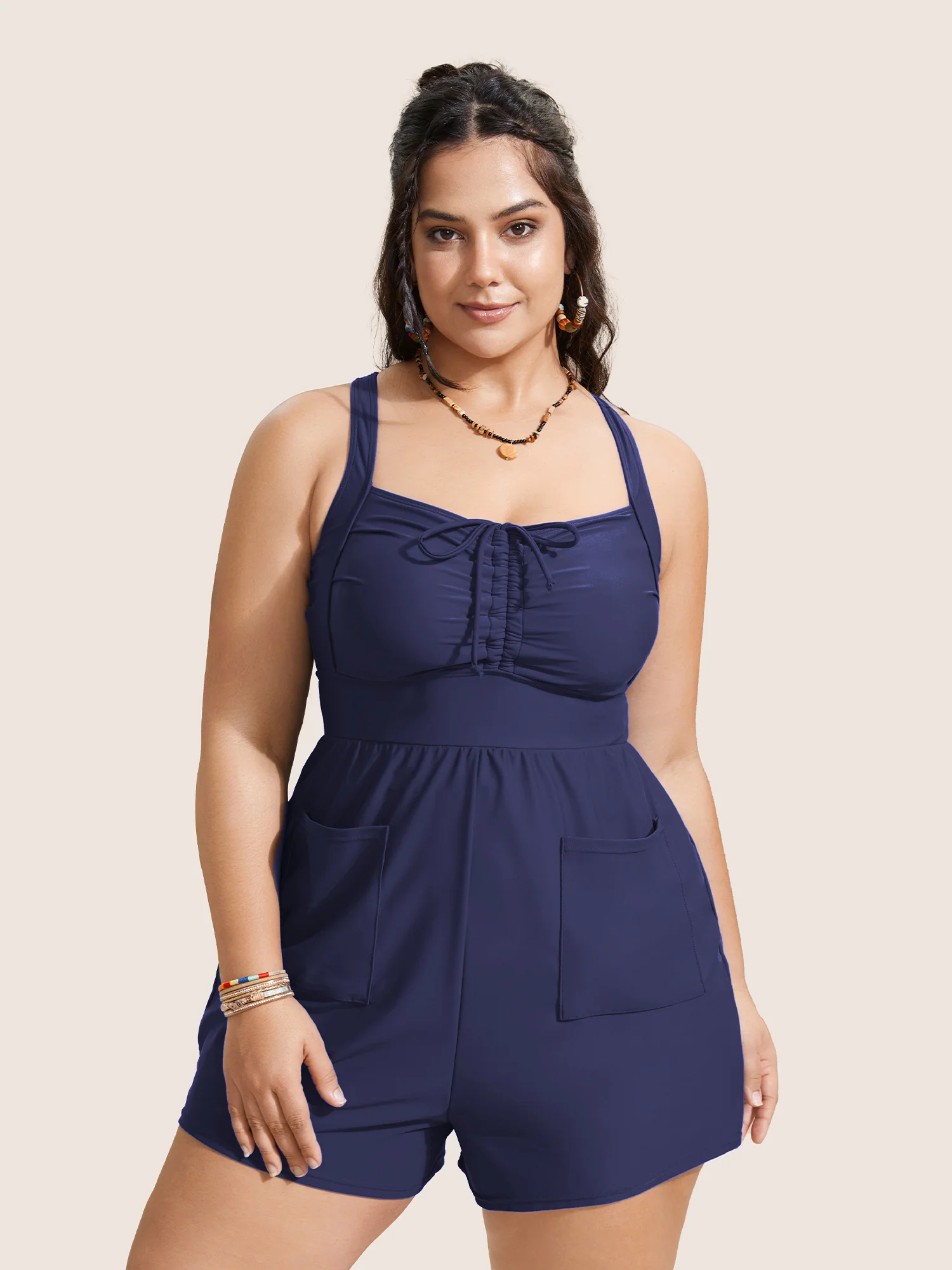 Plain Patched Pocket Drawstring One Piece Swimsuit - Image 5