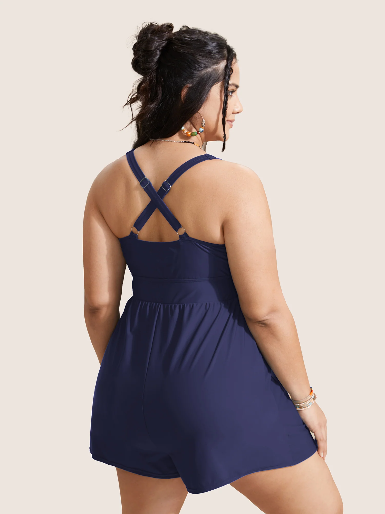 Plain Patched Pocket Drawstring One Piece Swimsuit - Image 6