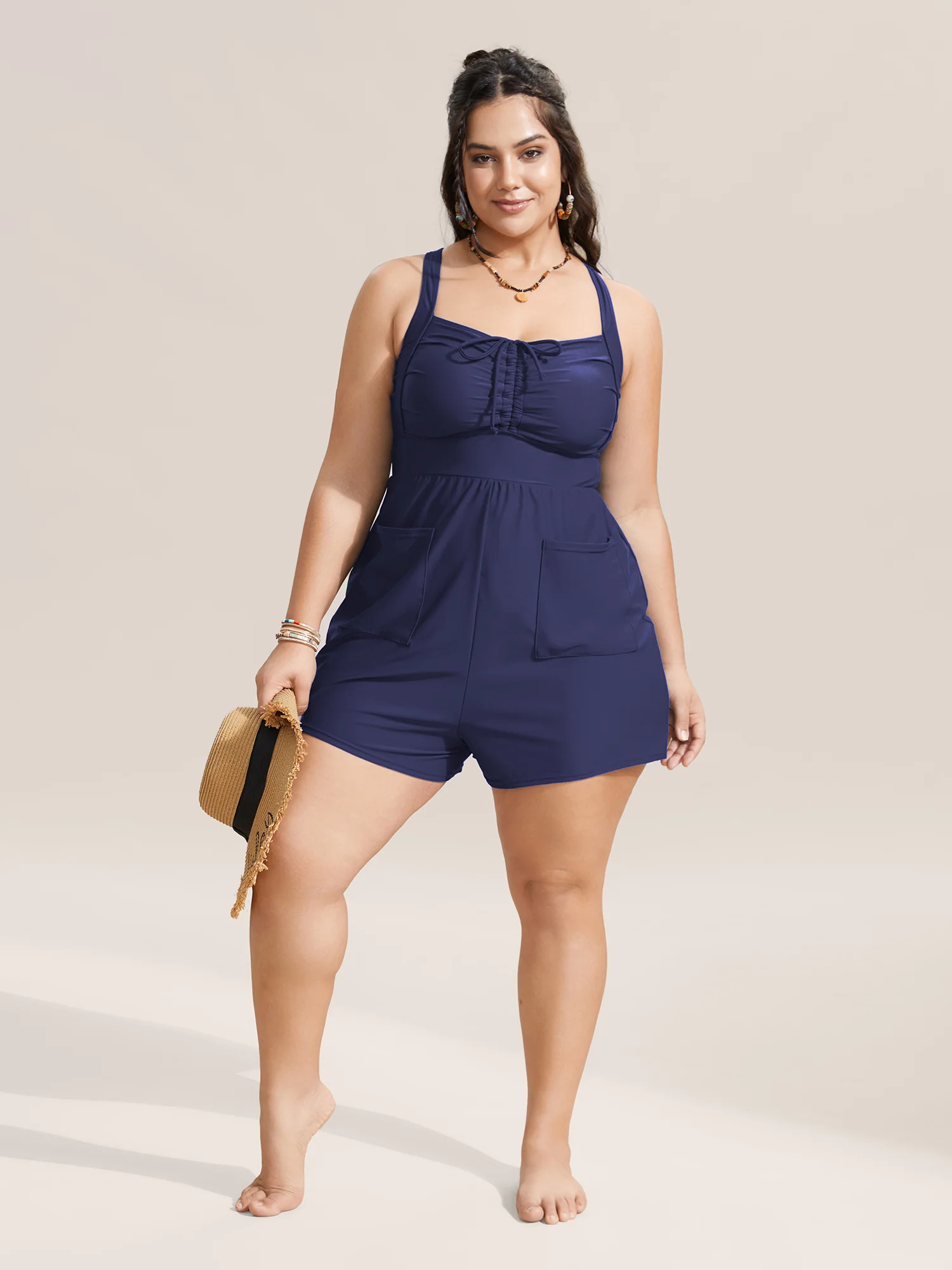 Plain Patched Pocket Drawstring One Piece Swimsuit - Image 7