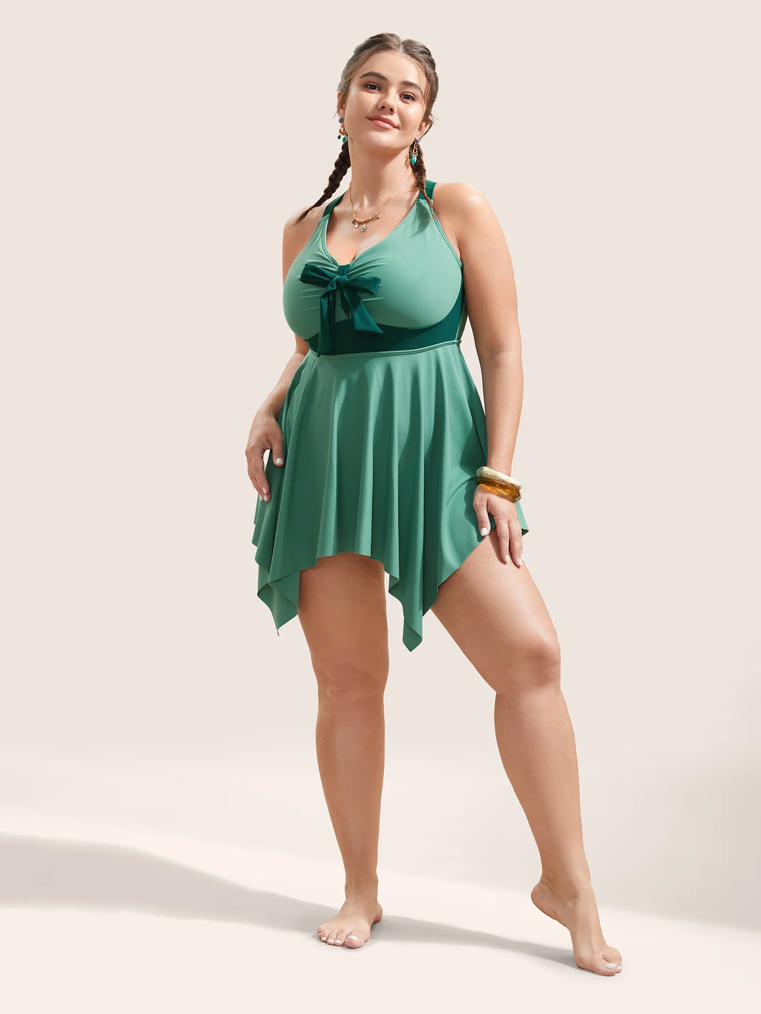 Plain Patchwork Bowknot Hanky Hem Swim Dress - Image 4