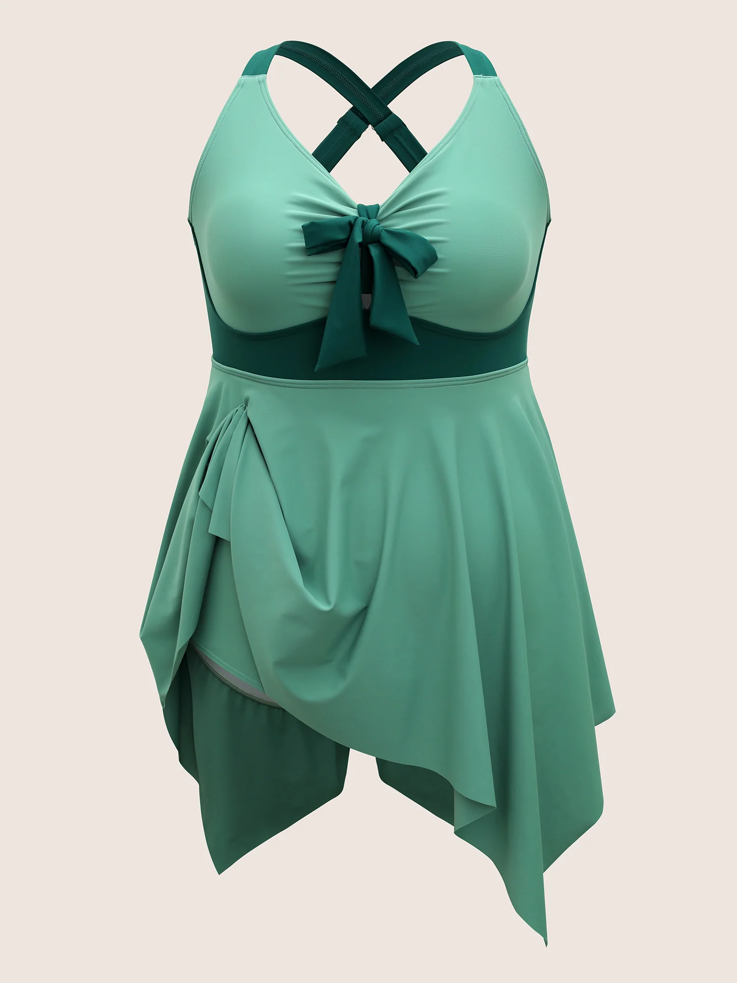 Plain Patchwork Bowknot Hanky Hem Swim Dress - Image 7