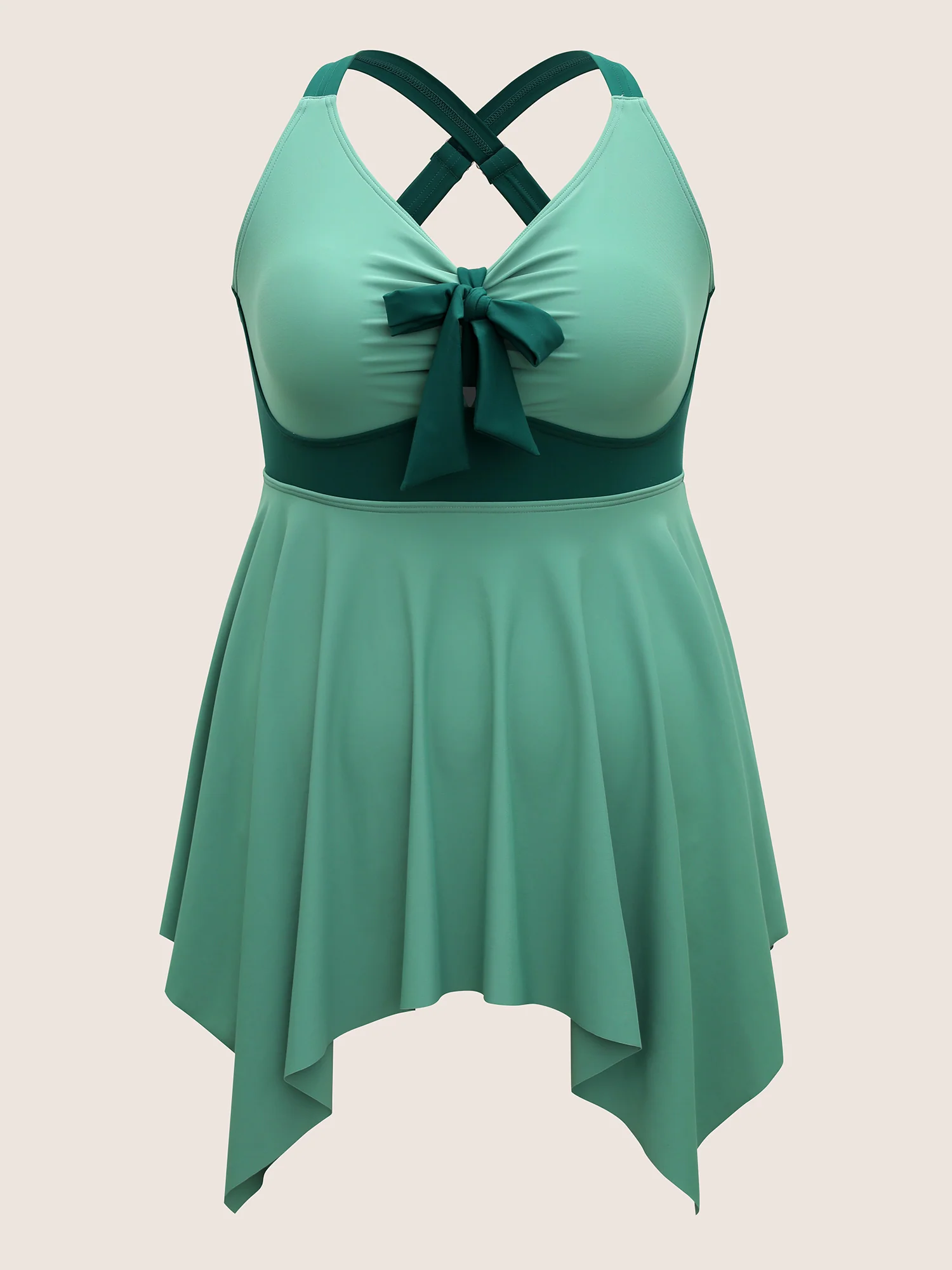 Plain Patchwork Bowknot Hanky Hem Swim Dress - Image 8