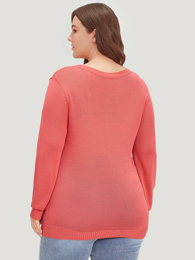 Plain Patchwork Cut Out Round Neck Pullover - Image 2
