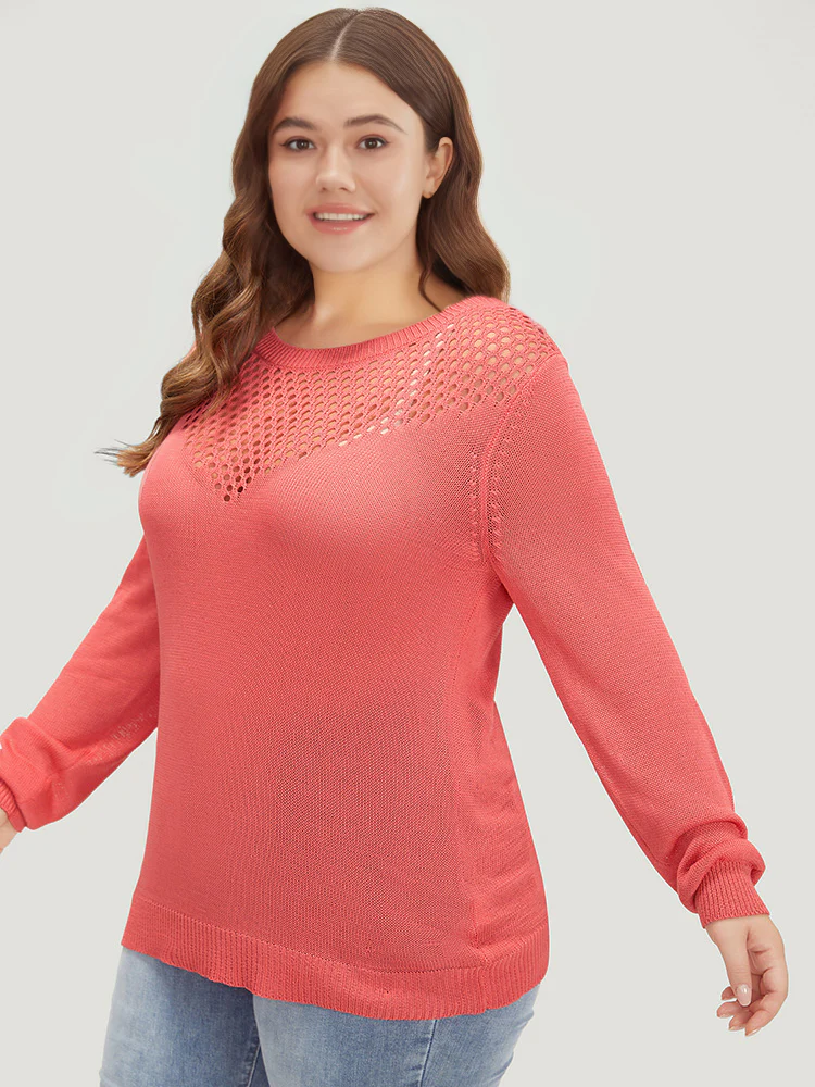 Plain Patchwork Cut Out Round Neck Pullover - Image 3