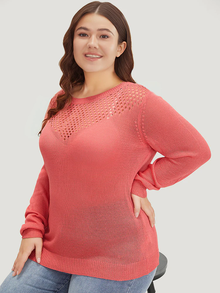Plain Patchwork Cut Out Round Neck Pullover - Image 4