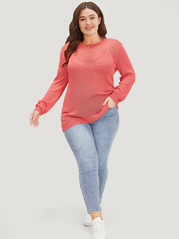 Plain Patchwork Cut Out Round Neck Pullover - Image 5