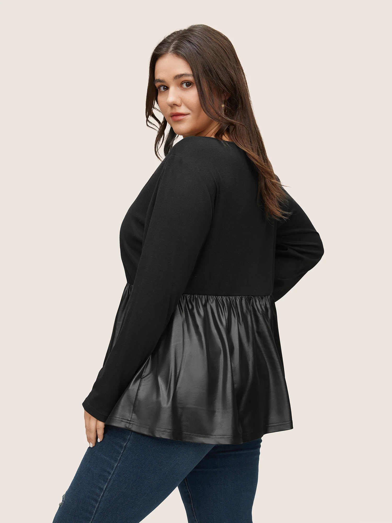 Plain Patchwork Gathered Elastic Waist T-shirt - Image 2