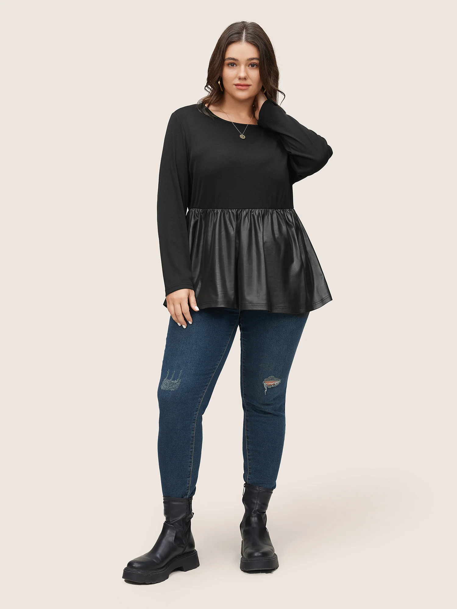 Plain Patchwork Gathered Elastic Waist T-shirt - Image 3
