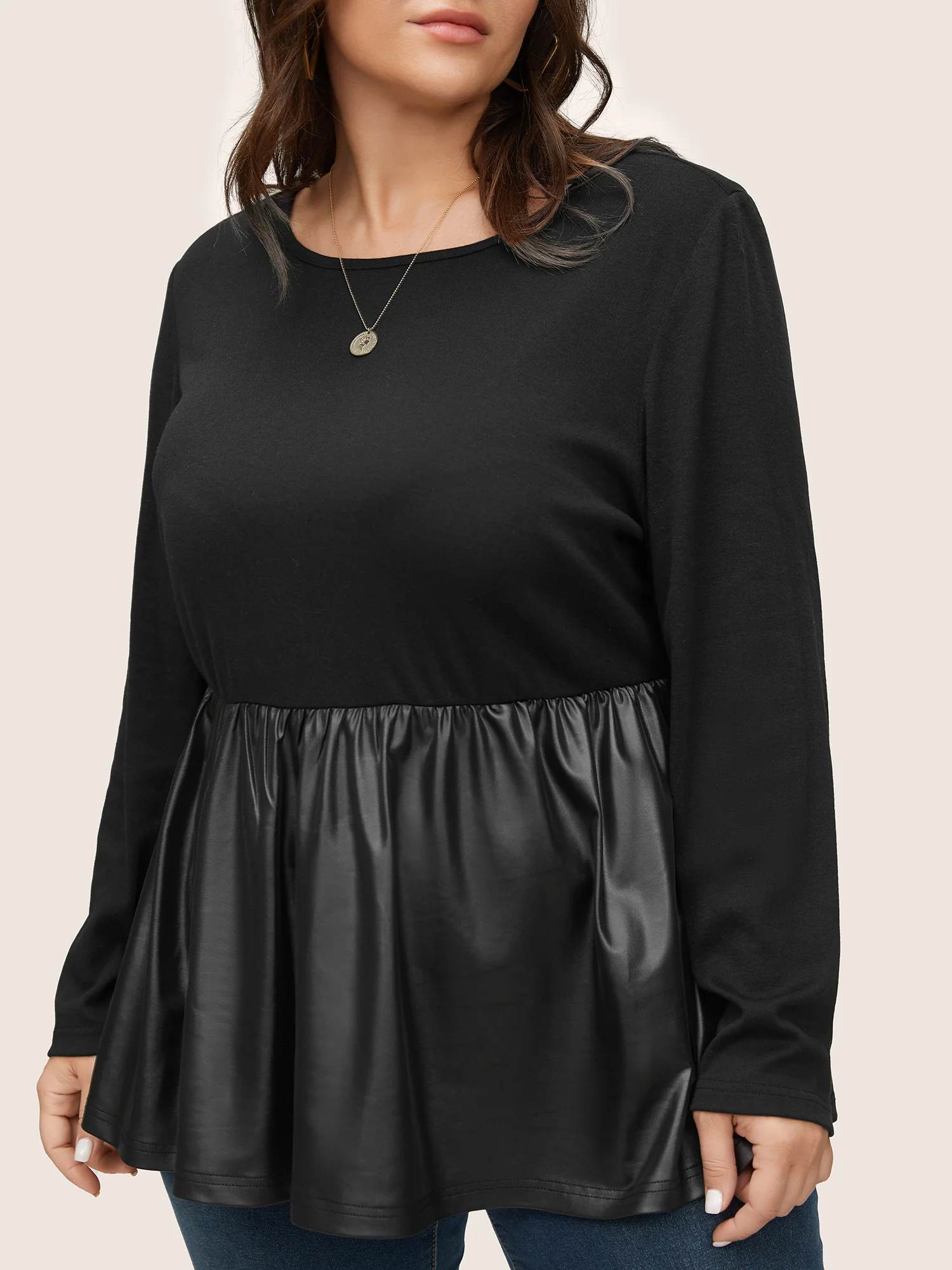 Plain Patchwork Gathered Elastic Waist T-shirt - Image 4