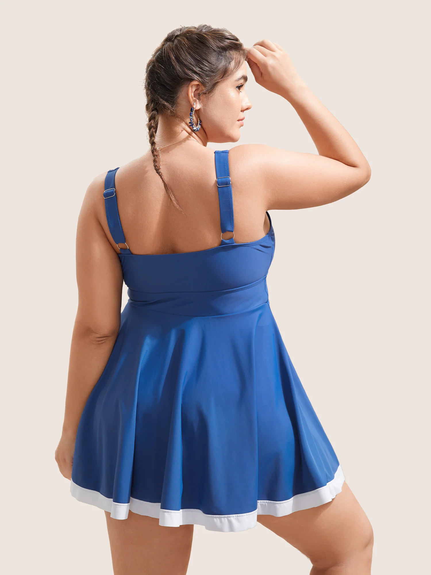 Plain Patchwork Ruched Button Detail Swim Dress - Image 2