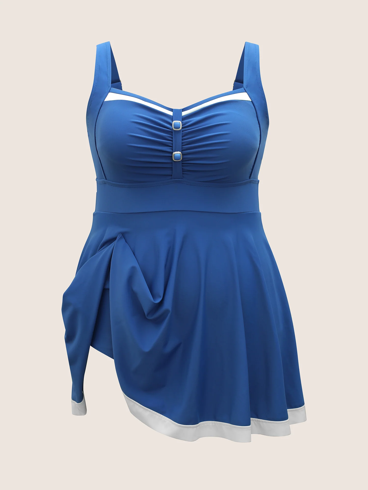 Plain Patchwork Ruched Button Detail Swim Dress - Image 7