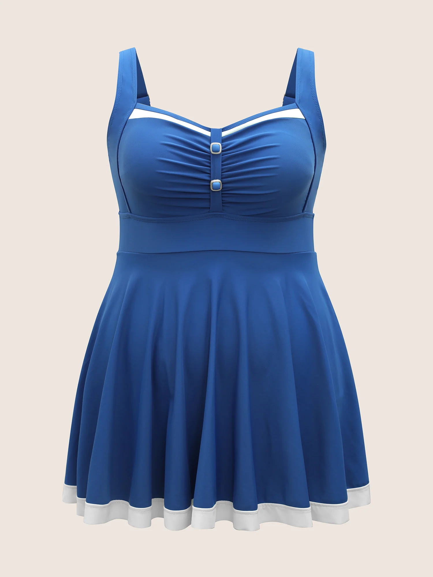 Plain Patchwork Ruched Button Detail Swim Dress - Image 8