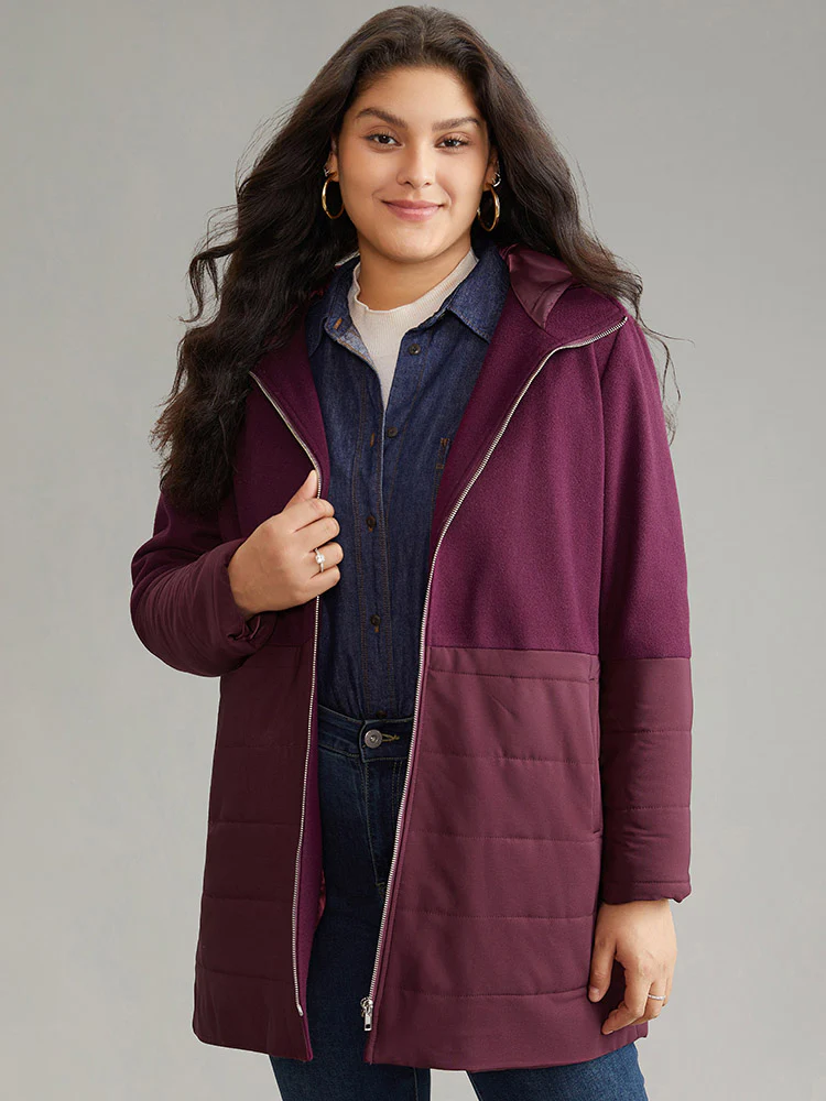 Plain Patchwork Zipper Padded Hooded Coat - Image 2
