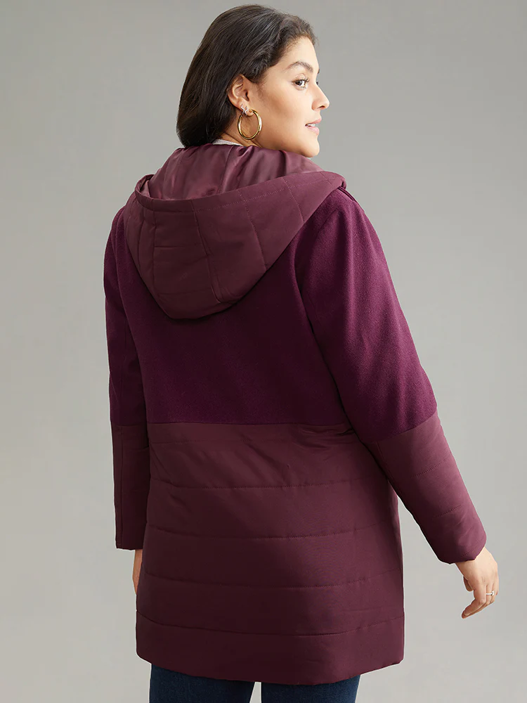 Plain Patchwork Zipper Padded Hooded Coat - Image 3
