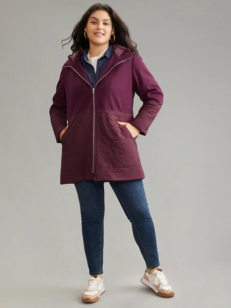 Plain Patchwork Zipper Padded Hooded Coat - Image 4