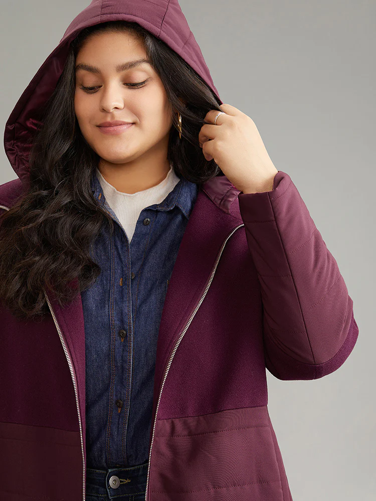 Plain Patchwork Zipper Padded Hooded Coat - Image 5