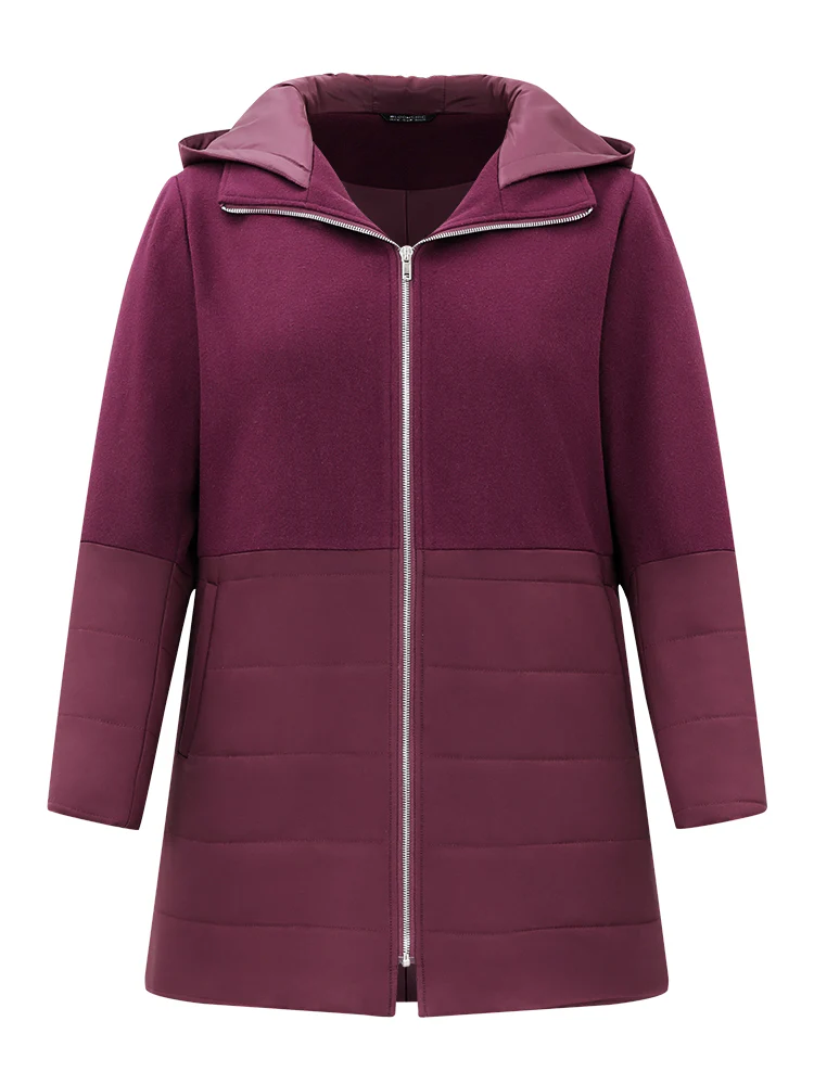 Plain Patchwork Zipper Padded Hooded Coat - Image 6