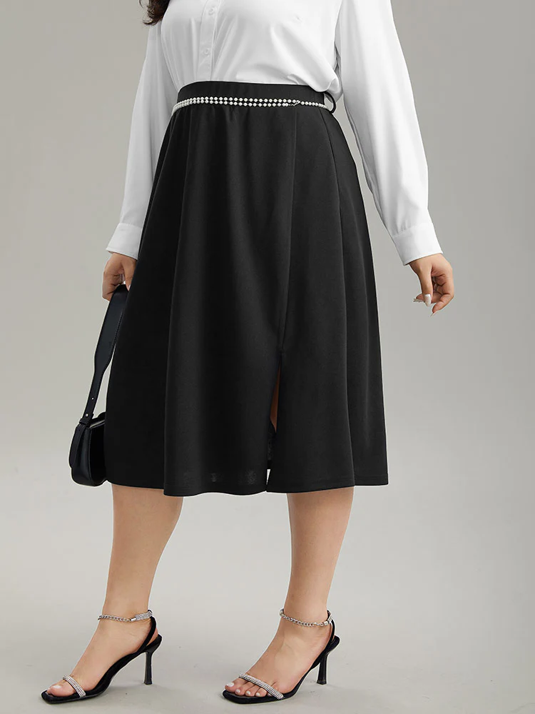Plain Pearl Beaded Detail Split Side Skirt - Image 3