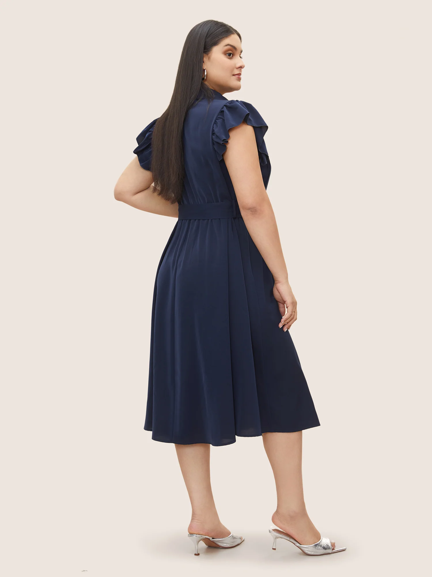 Plain Pleated Button Through Cap Sleeve Dress - Image 2