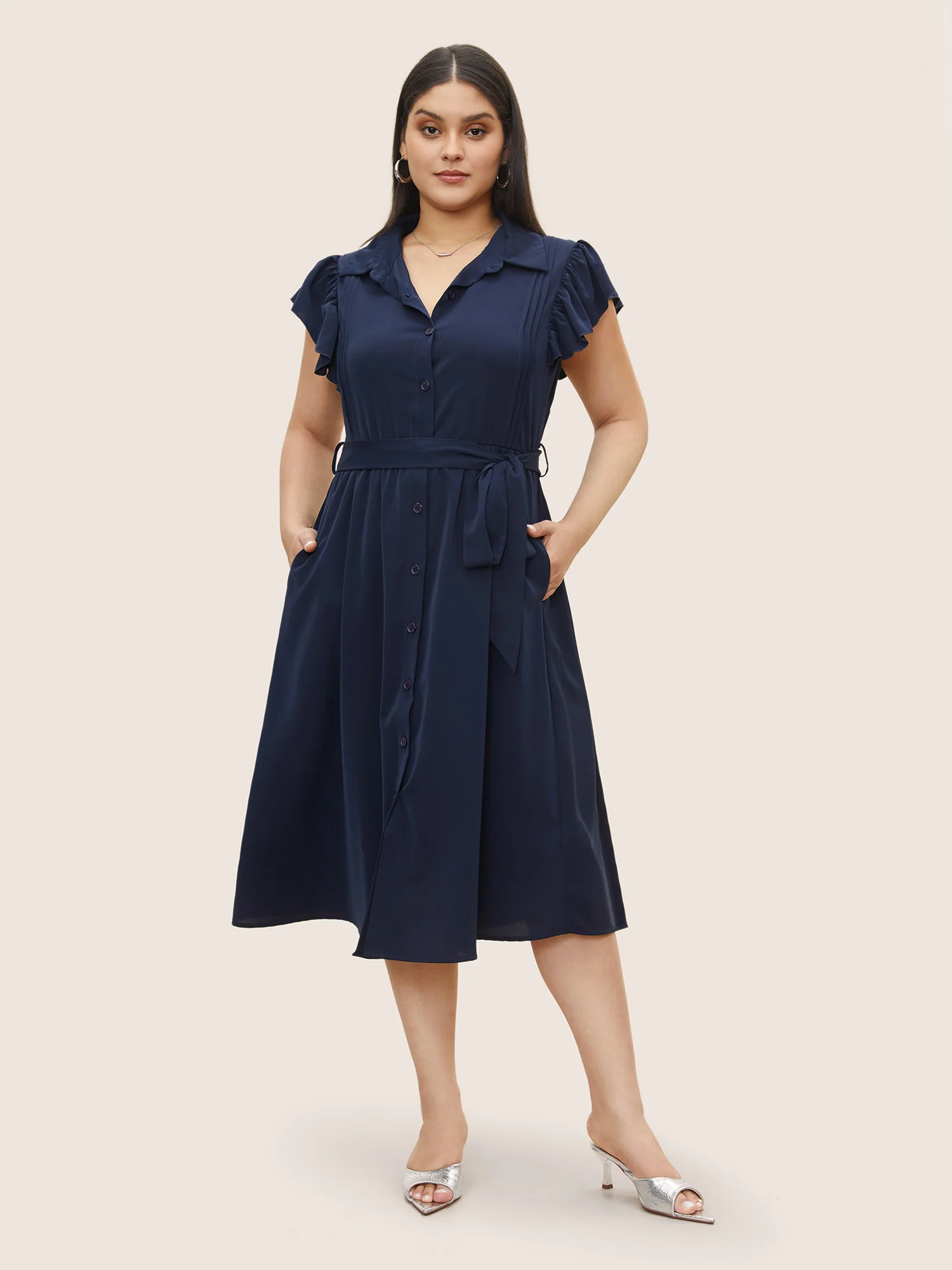 Plain Pleated Button Through Cap Sleeve Dress - Image 3