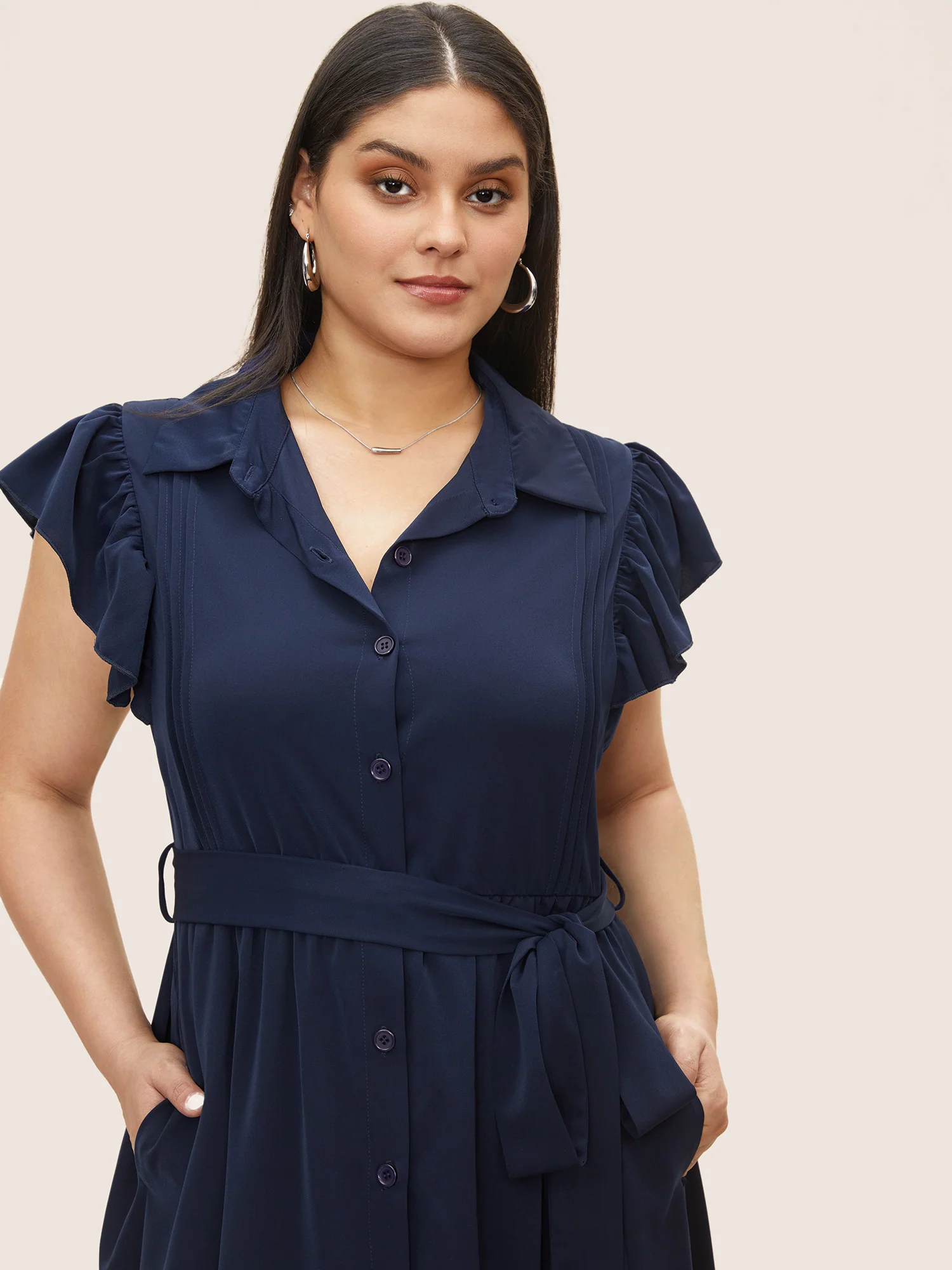 Plain Pleated Button Through Cap Sleeve Dress - Image 4