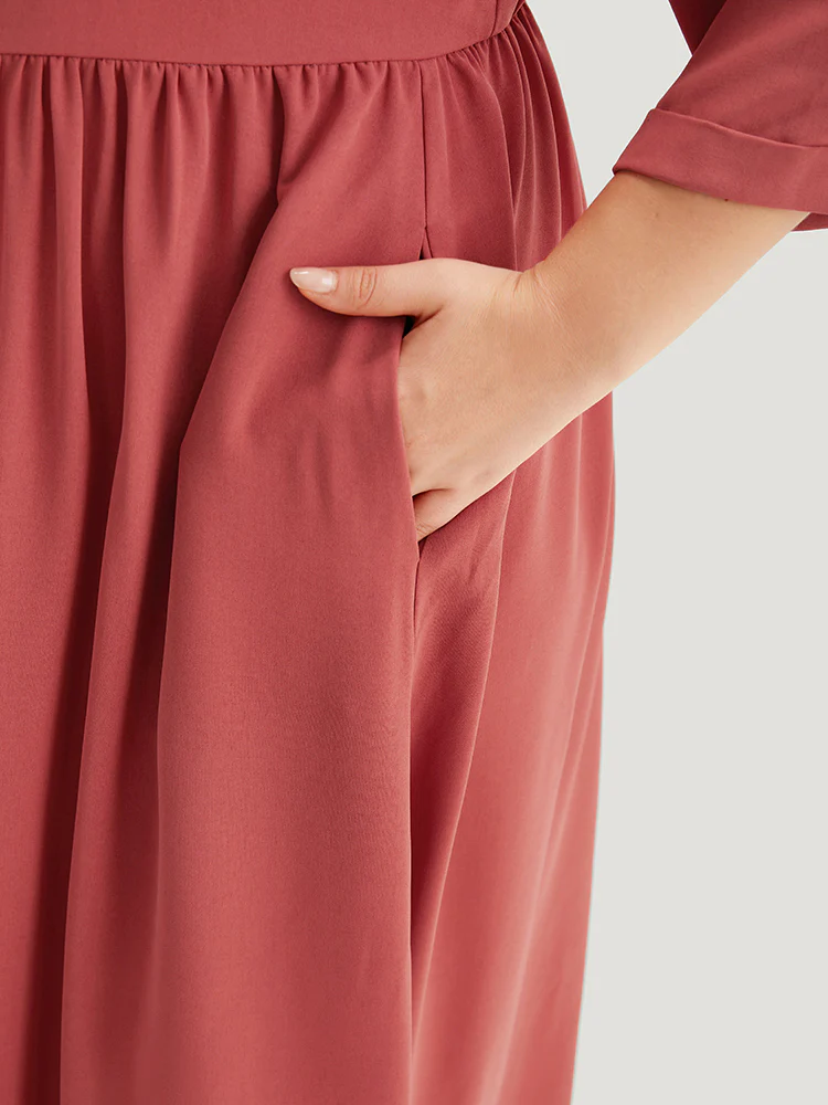 Plain Pleated Gathered Wrap Pocket Dress - Image 10