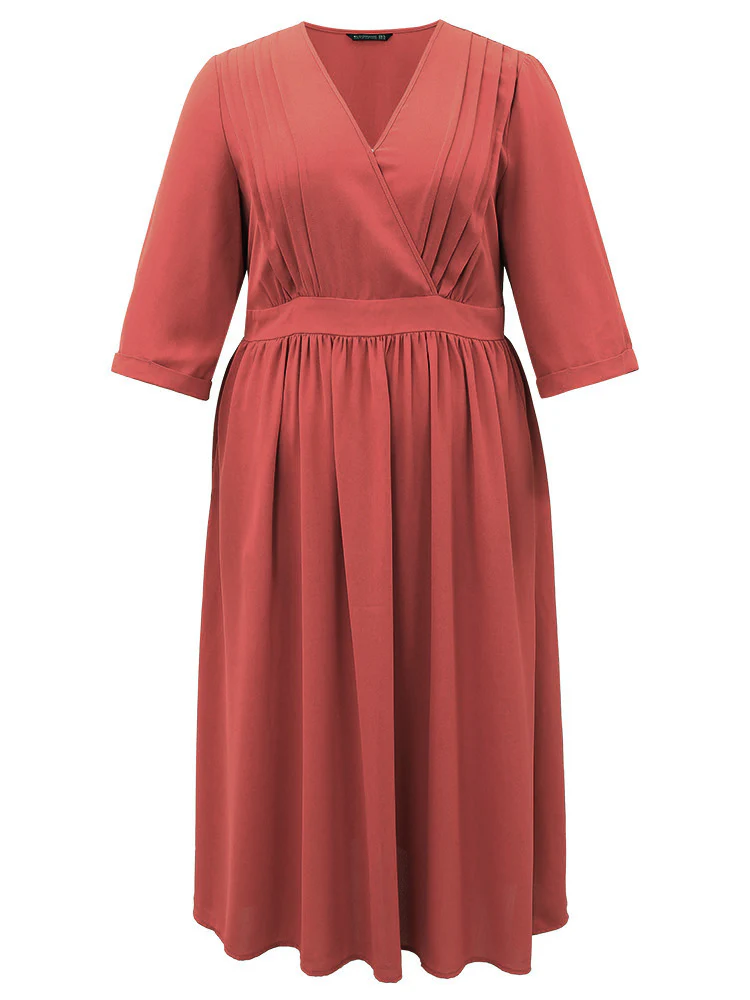Plain Pleated Gathered Wrap Pocket Dress - Image 11