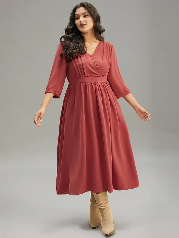 Plain Pleated Gathered Wrap Pocket Dress - Image 2
