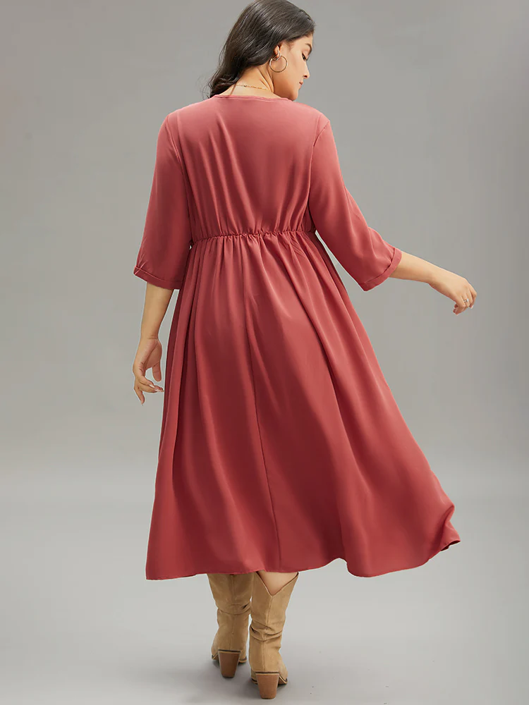 Plain Pleated Gathered Wrap Pocket Dress - Image 3