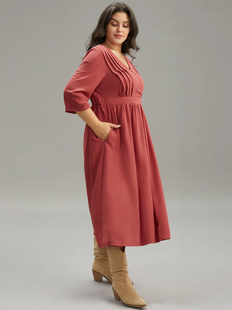 Plain Pleated Gathered Wrap Pocket Dress - Image 4