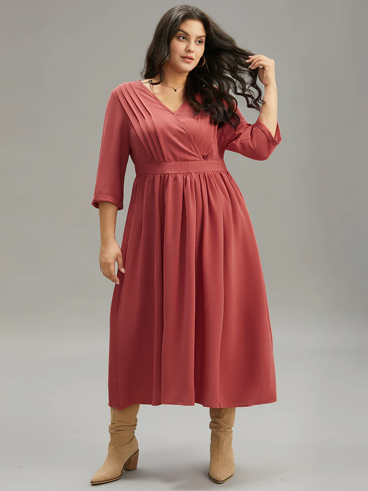 Plain Pleated Gathered Wrap Pocket Dress - Image 5