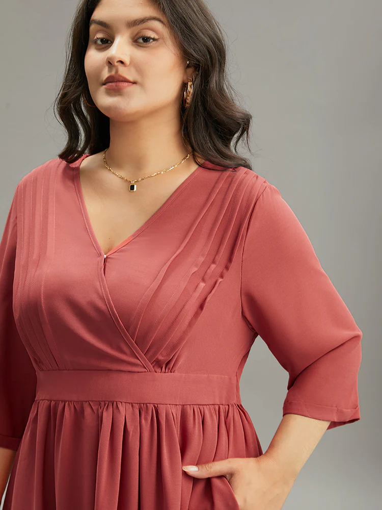 Plain Pleated Gathered Wrap Pocket Dress - Image 6