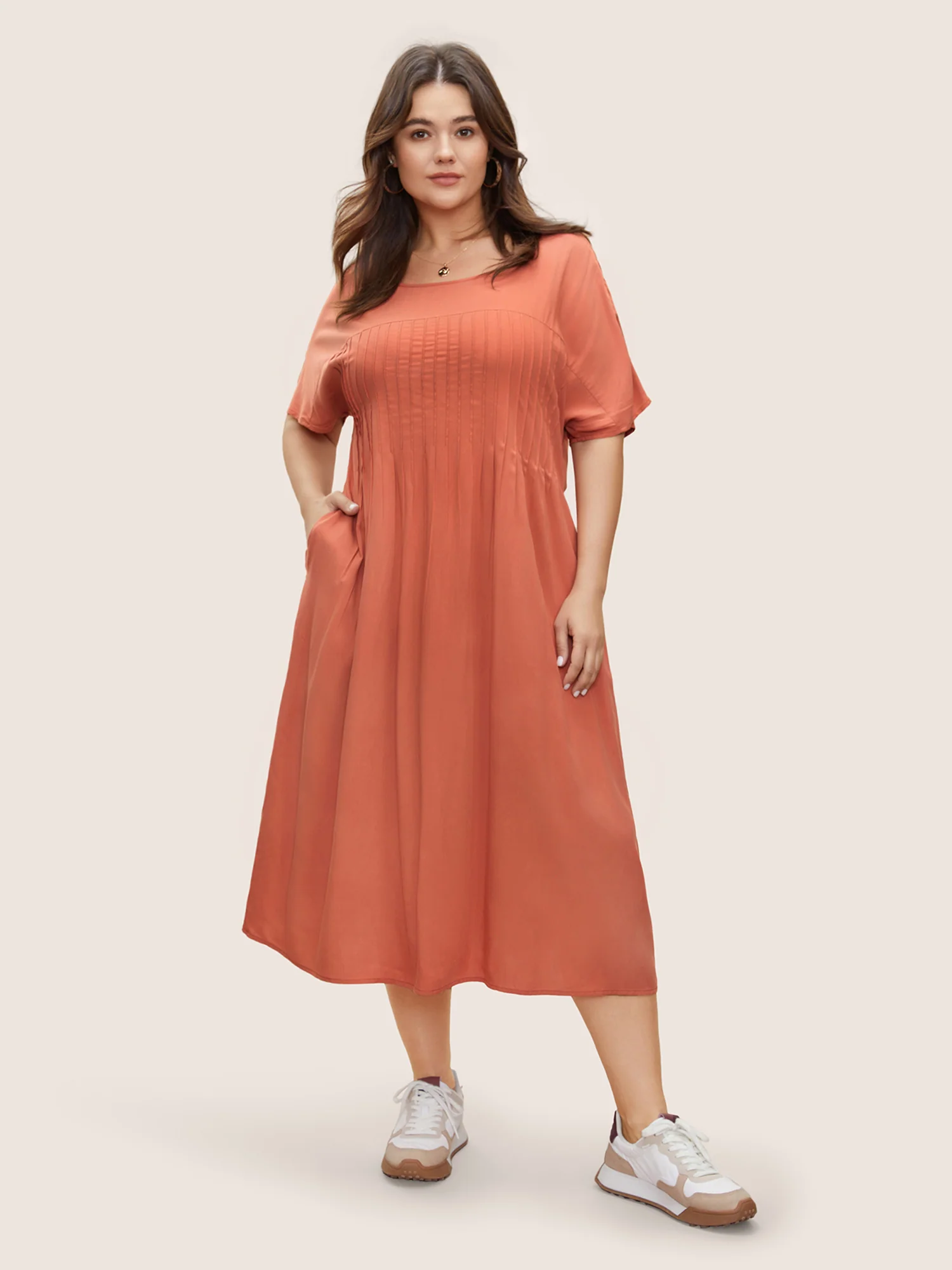 Plain Pleated Pocket Rayon Midi Dress - Image 3