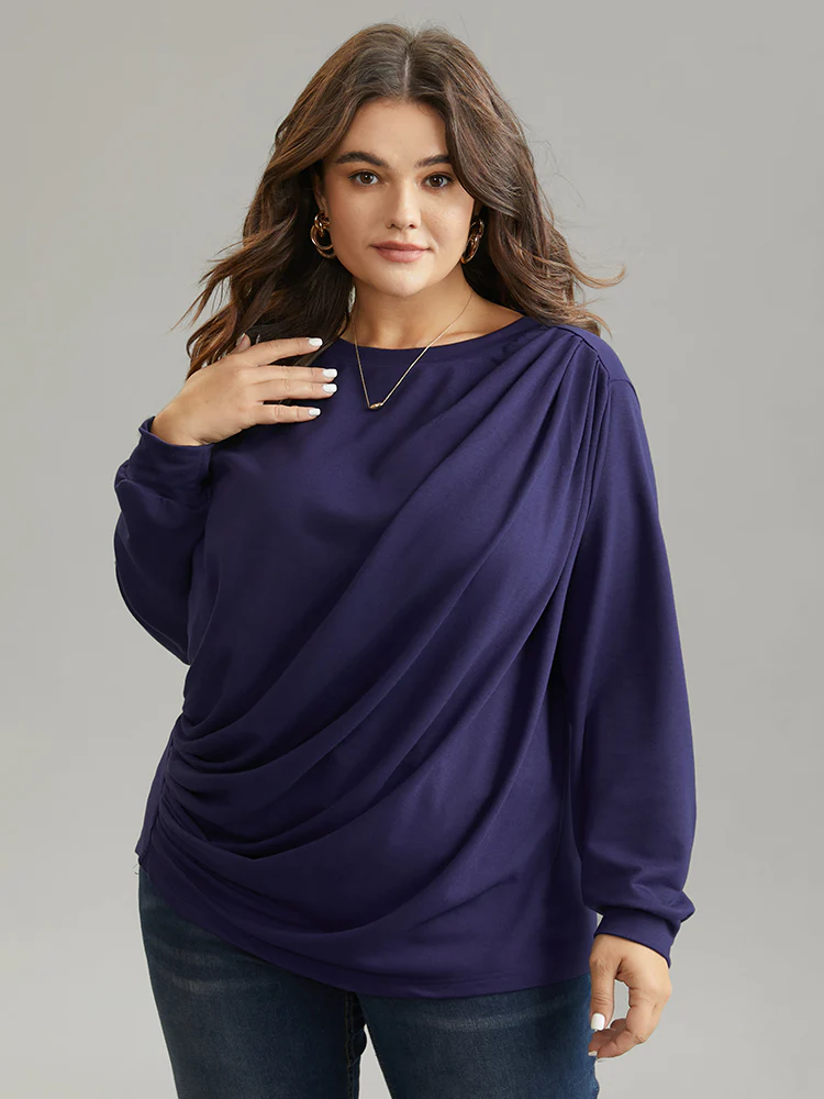 Plain Pleated Round Neck Slightly Stretchy Sweatshirt - Image 2