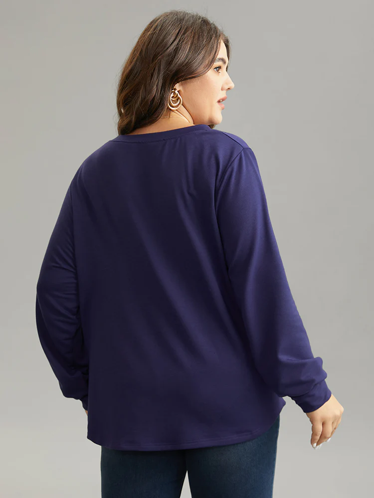 Plain Pleated Round Neck Slightly Stretchy Sweatshirt - Image 3
