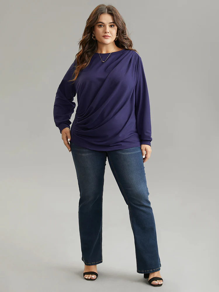 Plain Pleated Round Neck Slightly Stretchy Sweatshirt - Image 4