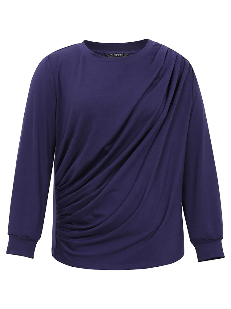 Plain Pleated Round Neck Slightly Stretchy Sweatshirt - Image 7